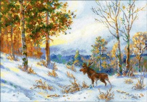 1528-Риолис "Лось в зимнем лесу" 40х28 см